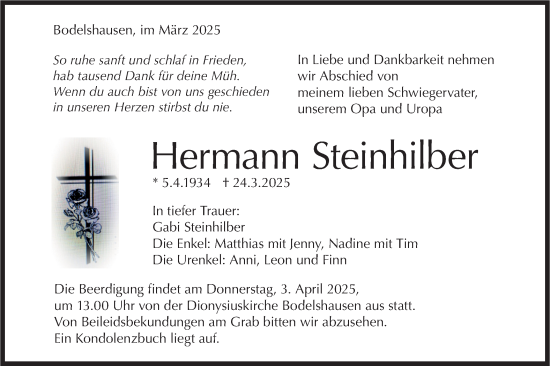 Traueranzeige von Hermann Steinhilber von Schwäbische Tagblatt