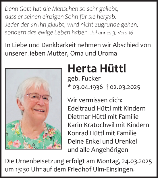 Traueranzeige von Herta Hüttl von SÜDWEST PRESSE Ausgabe Ulm/Neu-Ulm