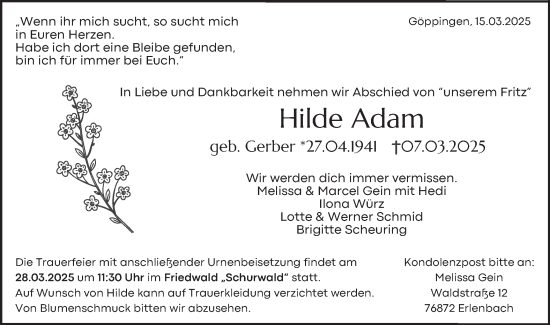 Traueranzeige von Hilde Adam von NWZ Neue Württembergische Zeitung