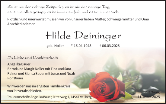 Traueranzeige von Hilde Deininger von Haller Tagblatt