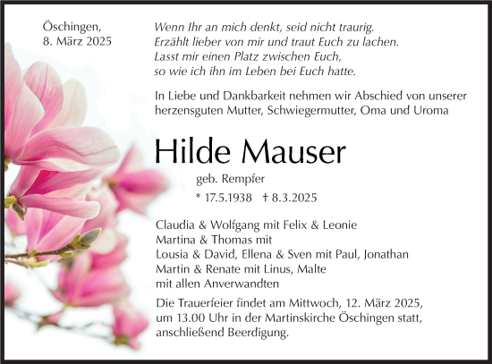 Traueranzeige von Hilde Mauser von Schwäbische Tagblatt