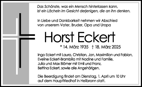 Traueranzeige von Horst Eckert von Haller Tagblatt/Hohenloher Tagblatt