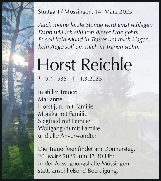 Traueranzeige von Horst Reichle von Schwäbische Tagblatt