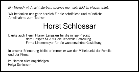 Traueranzeige von Horst Schlossar von Hohenloher Tagblatt