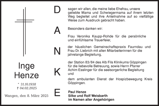 Traueranzeige von Inge Henze von NWZ Neue Württembergische Zeitung