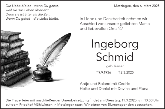 Traueranzeige von Ingeborg Schmid von Alb-Bote/Metzinger-Uracher Volksblatt