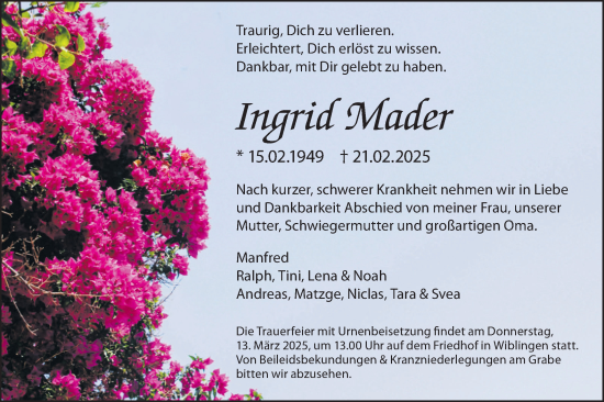 Traueranzeige von Ingrid Mader von SÜDWEST PRESSE Ausgabe Ulm/Neu-Ulm