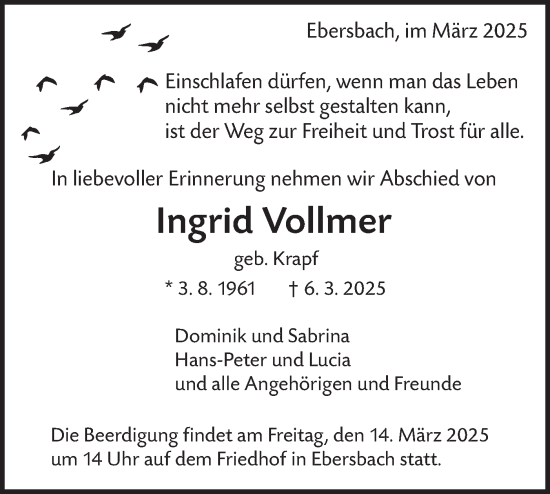 Traueranzeige von Ingrid Vollmer von NWZ Neue Württembergische Zeitung