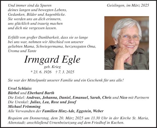 Traueranzeige von Irmgard Egle von Geislinger Zeitung