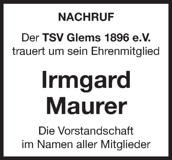 Traueranzeige von Irmgard Maurer von Alb-Bote/Metzinger-Uracher Volksblatt
