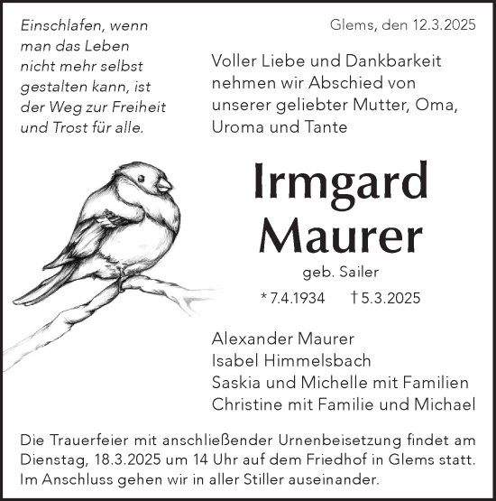 Traueranzeige von Irmgard Maurer von Alb-Bote/Metzinger-Uracher Volksblatt