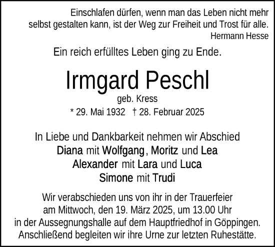 Traueranzeige von Irmgard Peschl von NWZ Neue Württembergische Zeitung