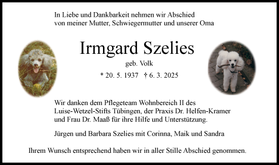 Traueranzeige von Irmgard Szelies von Schwäbische Tagblatt