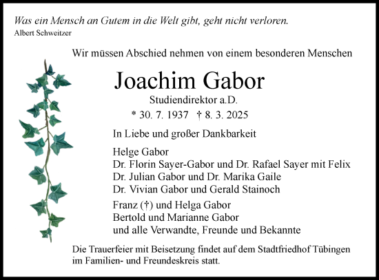 Traueranzeige von Joachim Gabor von Schwäbische Tagblatt