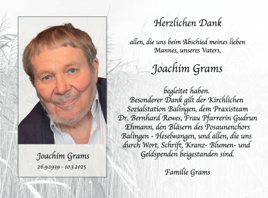 Traueranzeige von Joachim Grams von SÜDWEST PRESSE Zollernalbkreis/Hohenzollerische Zeitung