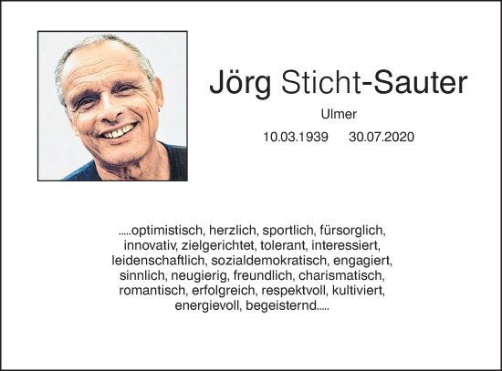 Traueranzeige von Jörg Sticht-Sauter von SÜDWEST PRESSE Ausgabe Ulm/Neu-Ulm