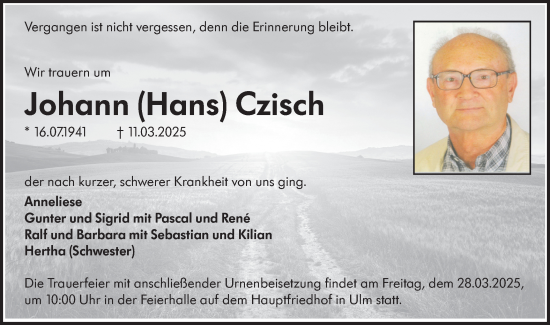 Traueranzeige von Johann Czisch von SÜDWEST PRESSE Ausgabe Ulm/Neu-Ulm