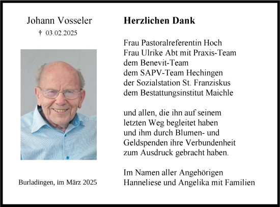 Traueranzeige von Johann Vosseler von SÜDWEST PRESSE Zollernalbkreis/Hohenzollerische Zeitung