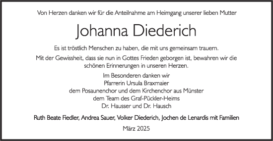 Traueranzeige von Johanna Diederich von Rundschau Gaildorf