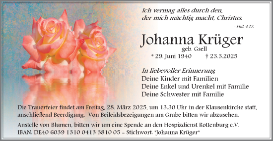 Traueranzeige von Johanna Krüger von Schwäbische Tagblatt