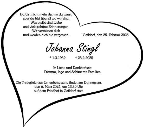 Traueranzeige von Johanna Stingl von Rundschau Gaildorf