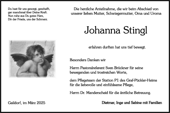 Traueranzeige von Johanna Stingl von Rundschau Gaildorf