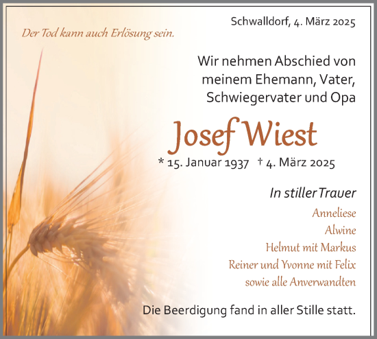 Traueranzeige von Josef Wiest von Schwäbische Tagblatt