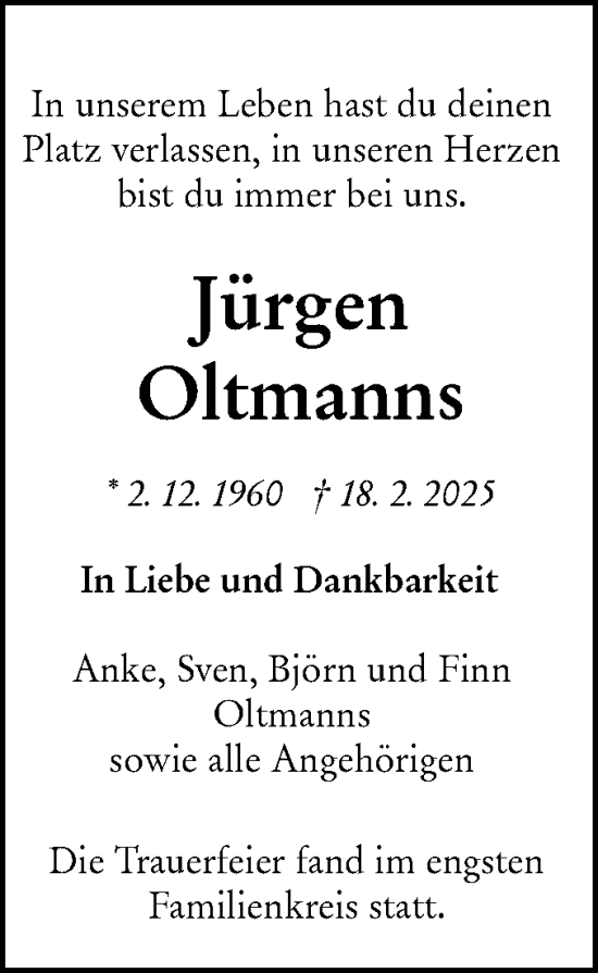 Traueranzeige von Jürgen Oltmanns von NWZ Neue Württembergische Zeitung