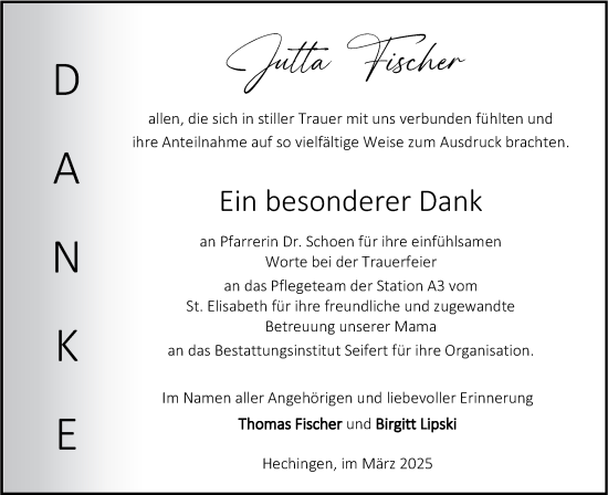 Traueranzeige von Jutta Fischer von SÜDWEST PRESSE Zollernalbkreis/Hohenzollerische Zeitung