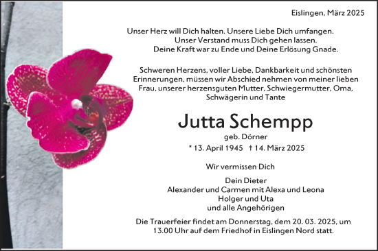 Traueranzeige von Jutta Schempp von NWZ Neue Württembergische Zeitung