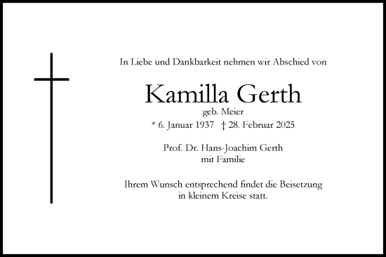 Traueranzeige von Kamilla Gerth von Schwäbische Tagblatt