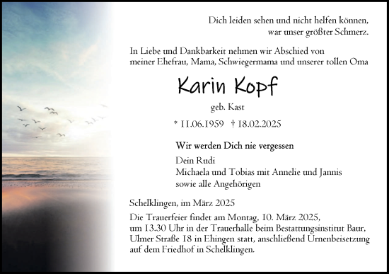 Traueranzeige von Karin Kopf von Ehinger Tagblatt