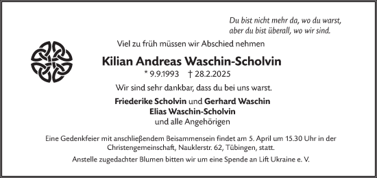 Traueranzeige von Kilian Andreas Waschin-Scholvin von Schwäbische Tagblatt