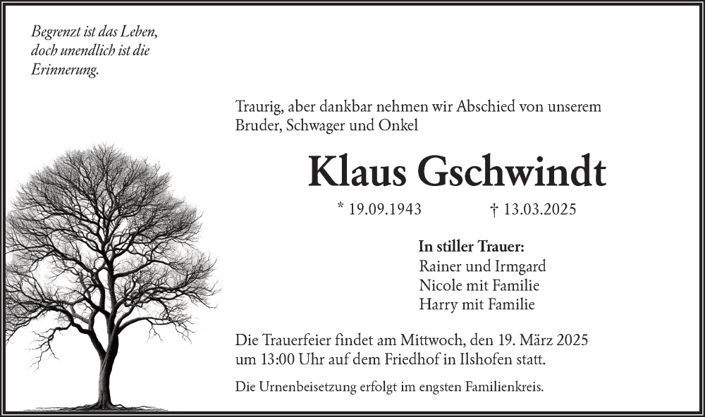 Traueranzeige für Klaus Gschwindt vom 17.03.2025 aus Hohenloher Tagblatt/Haller Tagblatt
