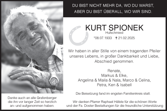 Traueranzeige von Kurt Spionek von Alb-Bote/Metzinger-Uracher Volksblatt
