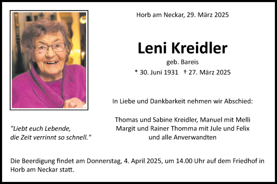 Traueranzeige von Leni Kreidler von Neckar-Chronik