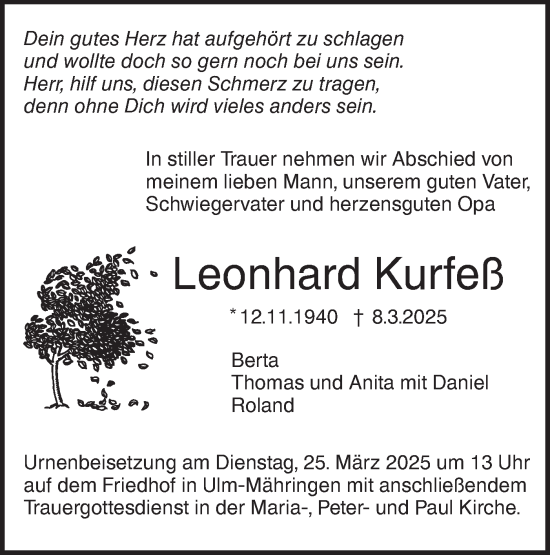 Traueranzeige von Leonhard Kurfeß von SÜDWEST PRESSE Ausgabe Ulm/Neu-Ulm
