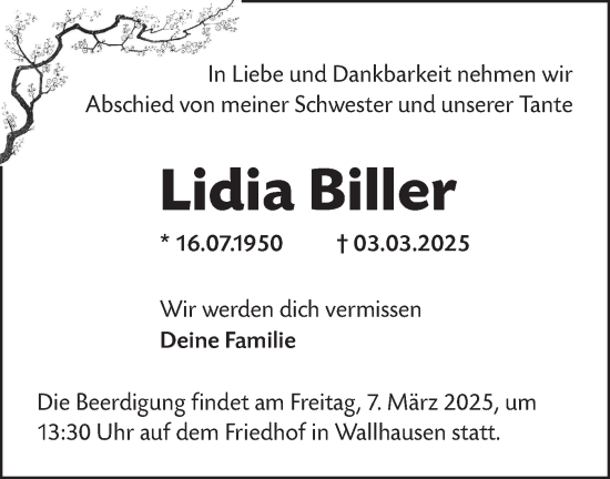 Traueranzeige von Lidia Biller von Hohenloher Tagblatt