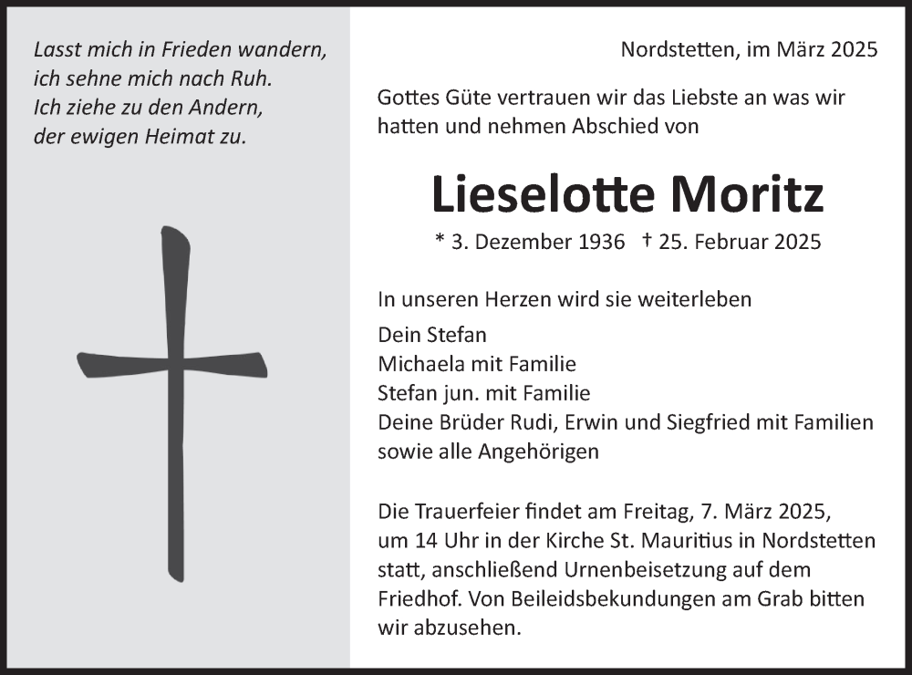  Traueranzeige für Lieselotte Moritz vom 03.03.2025 aus Neckar-Chronik