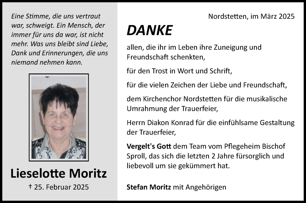  Traueranzeige für Lieselotte Moritz vom 14.03.2025 aus Neckar-Chronik