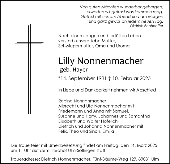 Traueranzeige von Lilly Nonnenmacher von SÜDWEST PRESSE Ausgabe Ulm/Neu-Ulm
