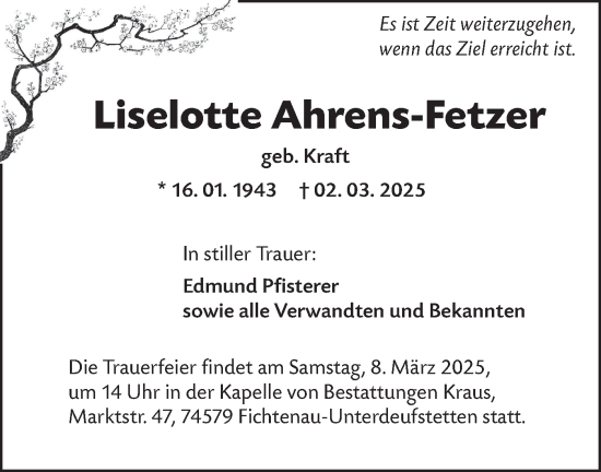 Traueranzeige von Liselotte Ahrens-Fetzer von Hohenloher Tagblatt