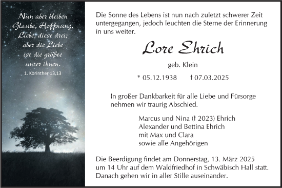 Traueranzeige von Lore Ehrich von Haller Tagblatt/Rundschau Gaildorf