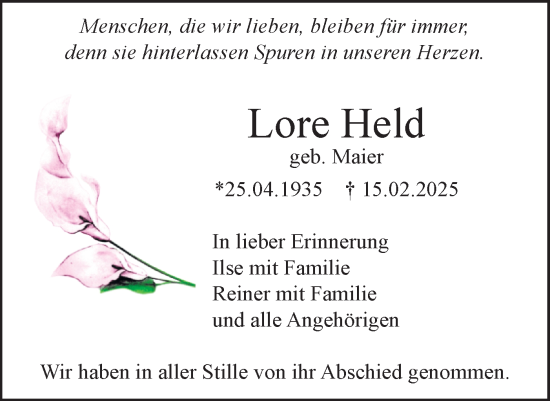 Traueranzeige von Lore Held von SÜDWEST PRESSE Ausgabe Ulm/Neu-Ulm