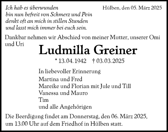 Traueranzeige von Ludmilla Greiner von Alb-Bote/Metzinger-Uracher Volksblatt