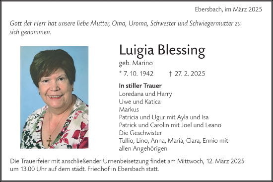 Traueranzeige von Luigia Blessing von NWZ Neue Württembergische Zeitung