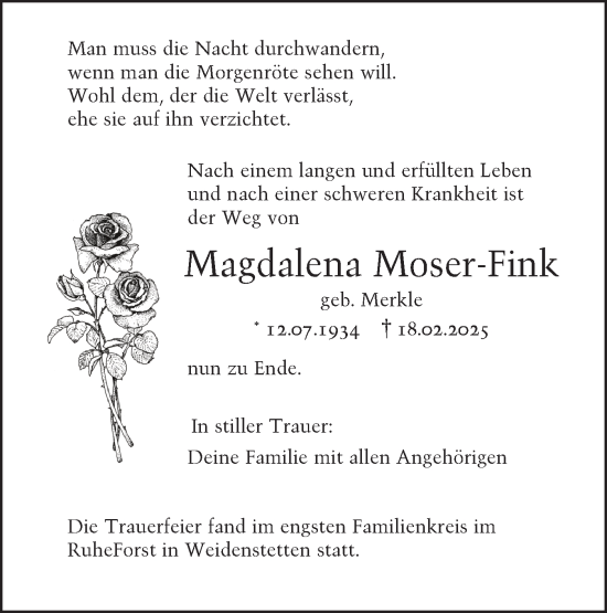 Traueranzeige von Magdalena Moser-Fink von SÜDWEST PRESSE Ausgabe Ulm/Neu-Ulm