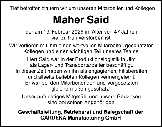 Traueranzeige von Maher Said von SÜDWEST PRESSE Ausgabe Ulm/Neu-Ulm