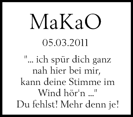 Traueranzeige von MaKaO  von Schwäbische Tagblatt