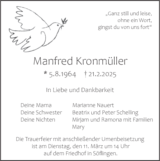Traueranzeige von Manfred Kronmüller von SÜDWEST PRESSE Ausgabe Ulm/Neu-Ulm